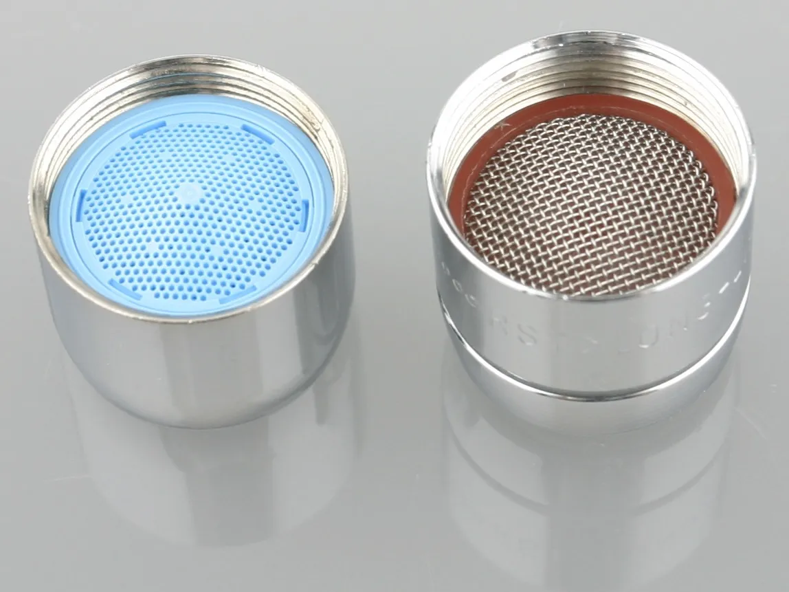 Two faucet aerators side by side, one with a blue screen and one with a metal mesh
