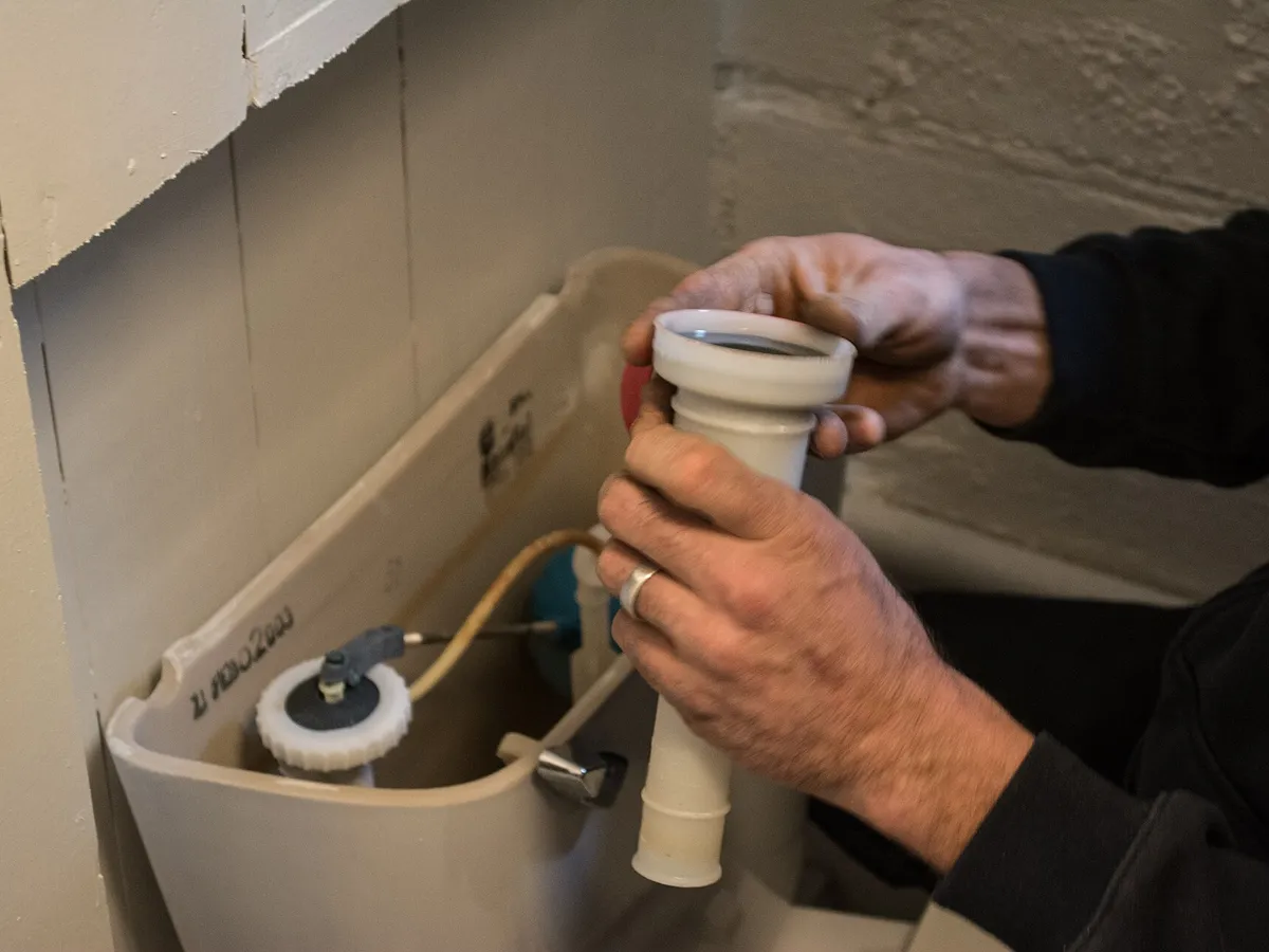 Hands fitting a new valve inside an open toilet tank